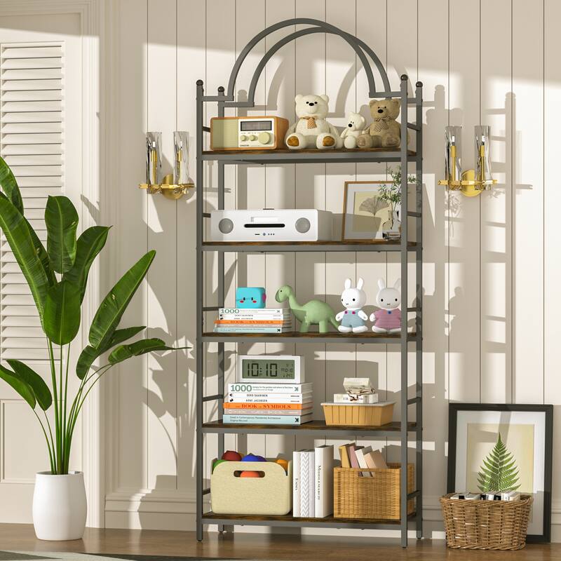 5-tier Bookcase Stand Metal Wood Structure - 30 in. W X 10 in. D X 77 in. H
