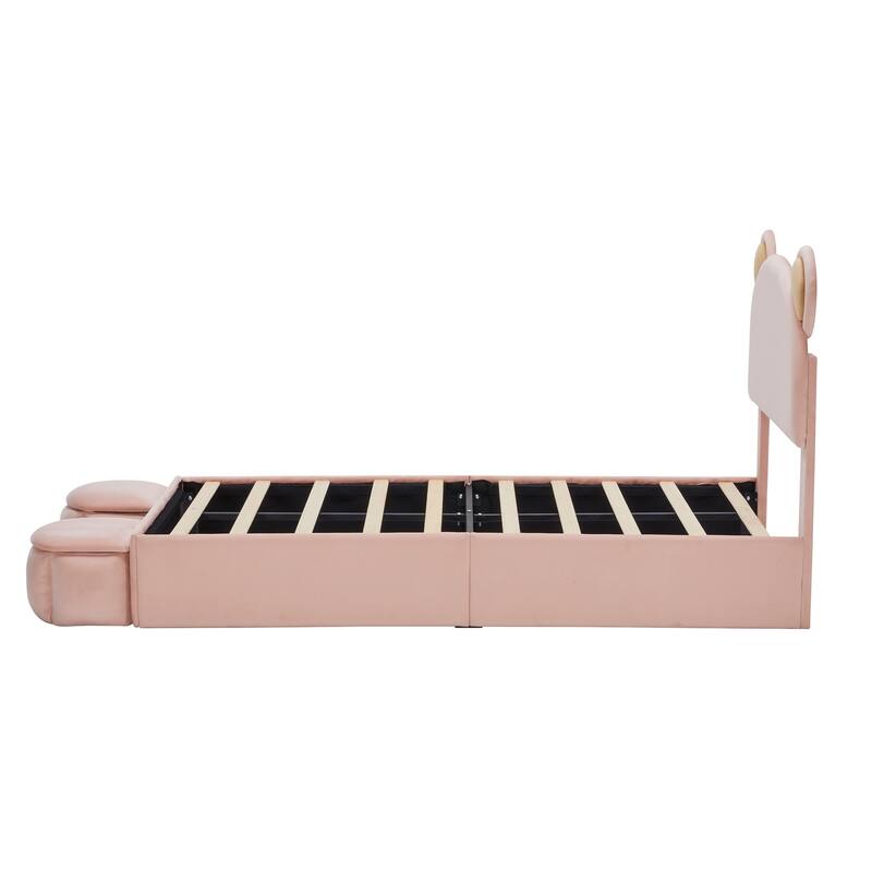 Pink Twin Size Upholstered Platform Bed with Bear Ears Headboard, Storage Stools, No Box Spring Needed, for Kids and Teens