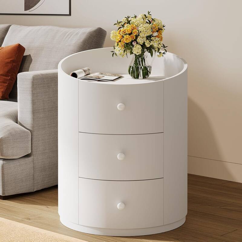 White Modern Wood Round End Sofa Side Table with 3 Drawers, Fully Assembled Nightstand