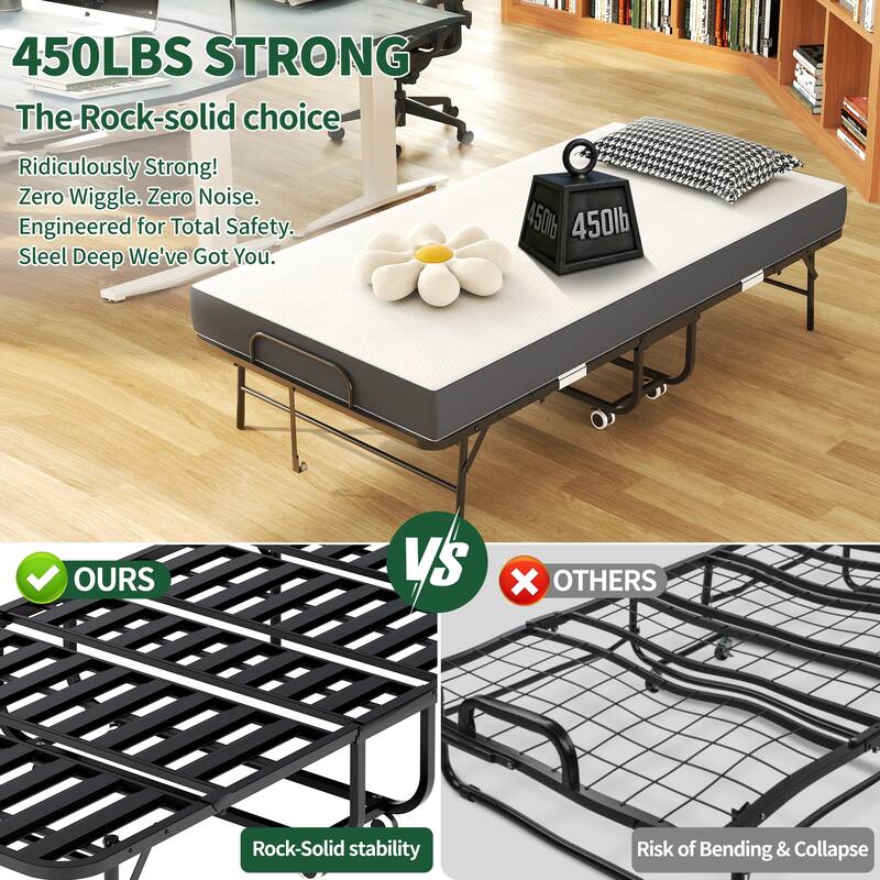 75" Inch Extra Long Folding Bed for Tall People, Heavy-Duty 450lbs Capacity Rollaway Guest Bed with 5" Memory Foam Mattress