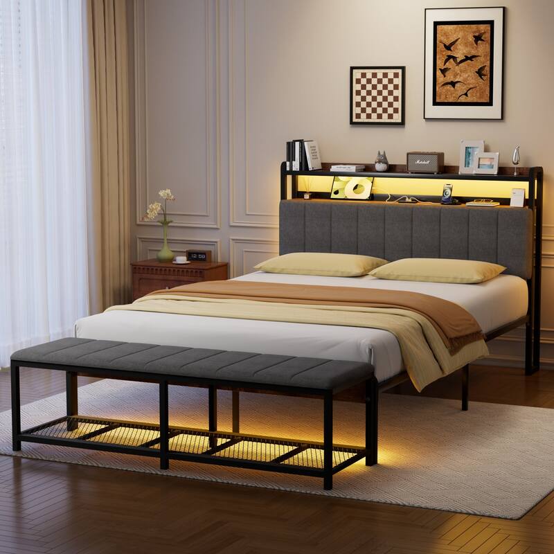 Javlergo Bed Frame with Bench, Bedframes with Charging Staions, Headboard and Storage Bench, LED Lights and Storage Shelves
