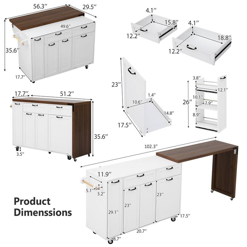 Mobile Kitchen Cart with Pull Out Dining Table Storage Drawers and Spice Rack