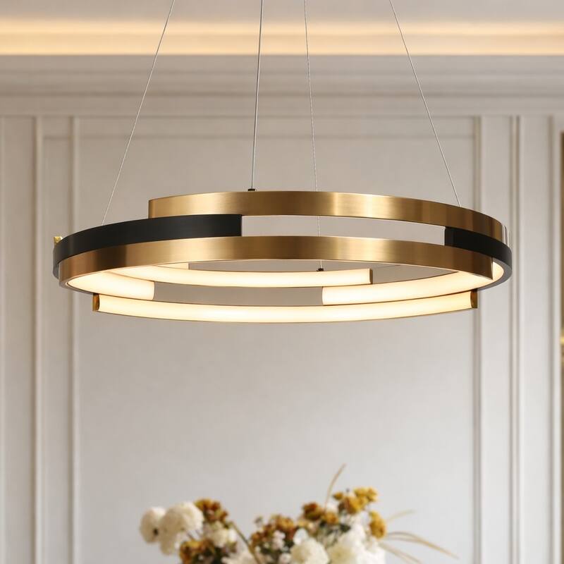 Modern Contemporary Black Gold Wheel Chandelier Integrated LED Round Pendant Light for Dining Room - 25.5" D x 63.5" H