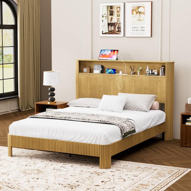 Queen Size Bed Frame With Storage Headboard, Built-In Charging Station, Wavy Curved Lines Design, Silent Operation