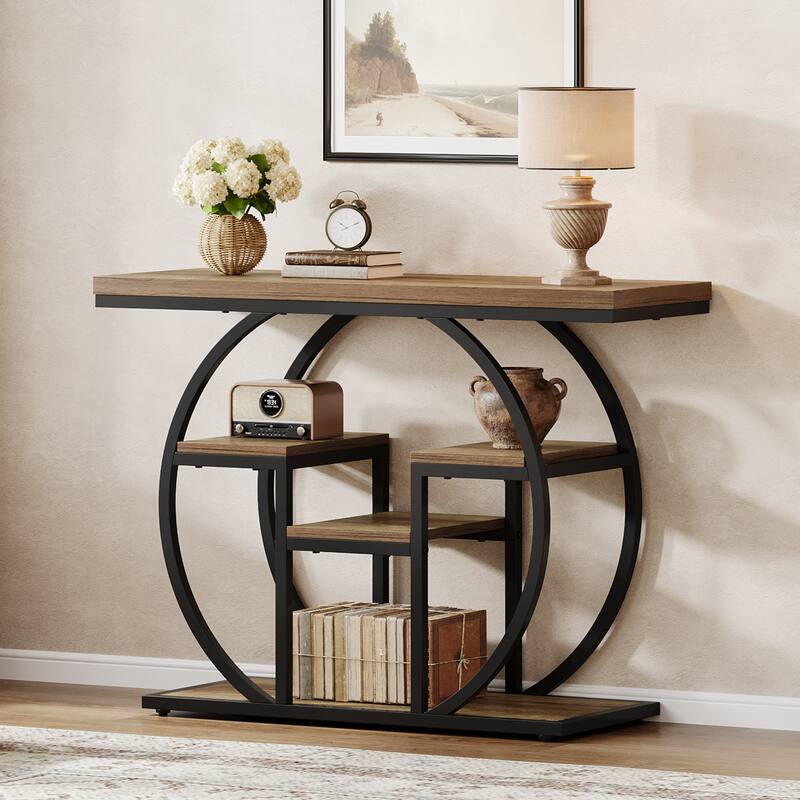 41.3" Industrial Console Sofa Table, 4-Tier Narrow Wood Accent Table