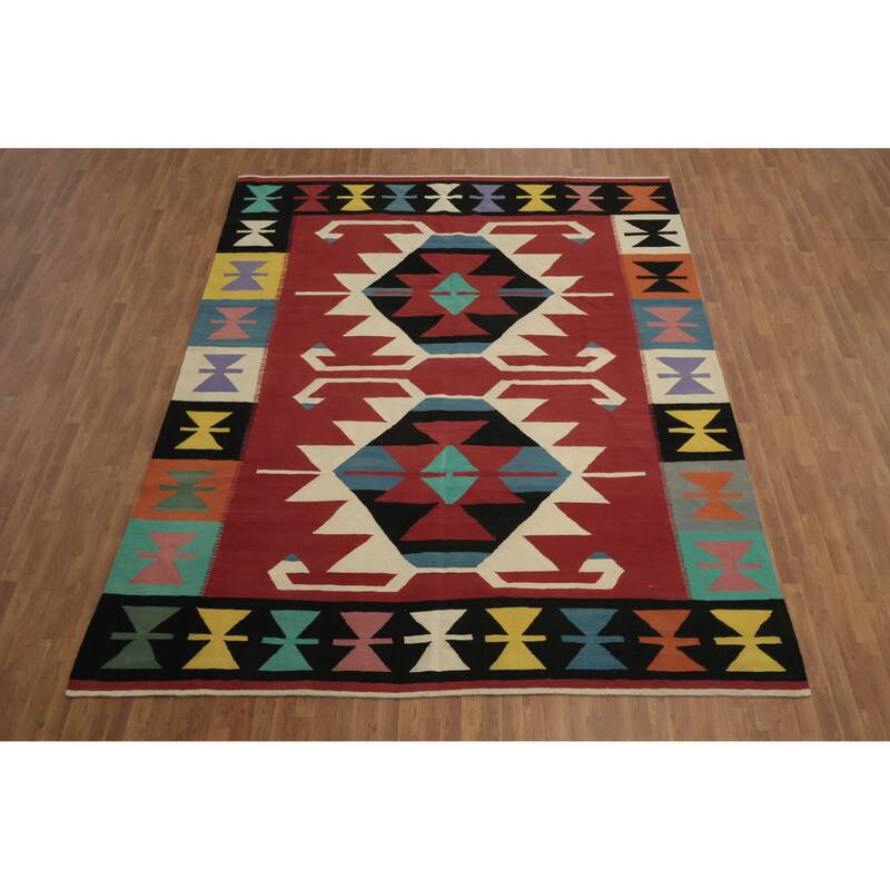 Hand Woven Oriental 100% Wool Carpet Southwestern Tribal Red Kilim Area Rug - 13' 0'' X 9' 9''