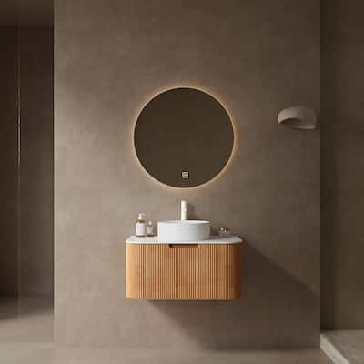 Plywood Wall-Mounted Bathroom Vanity Set with Integrated Ceramic Sink in Natural Wood