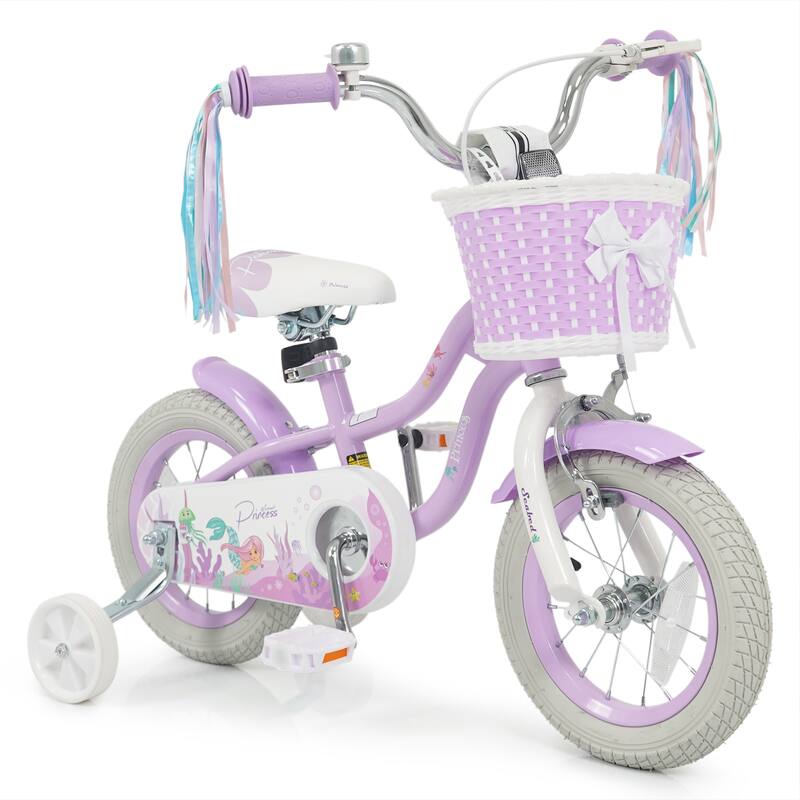 Gymax 12'' Kids Bike w/Training Wheels Hand Coaster Brakes Adjustable - Purple - Purple - Kids