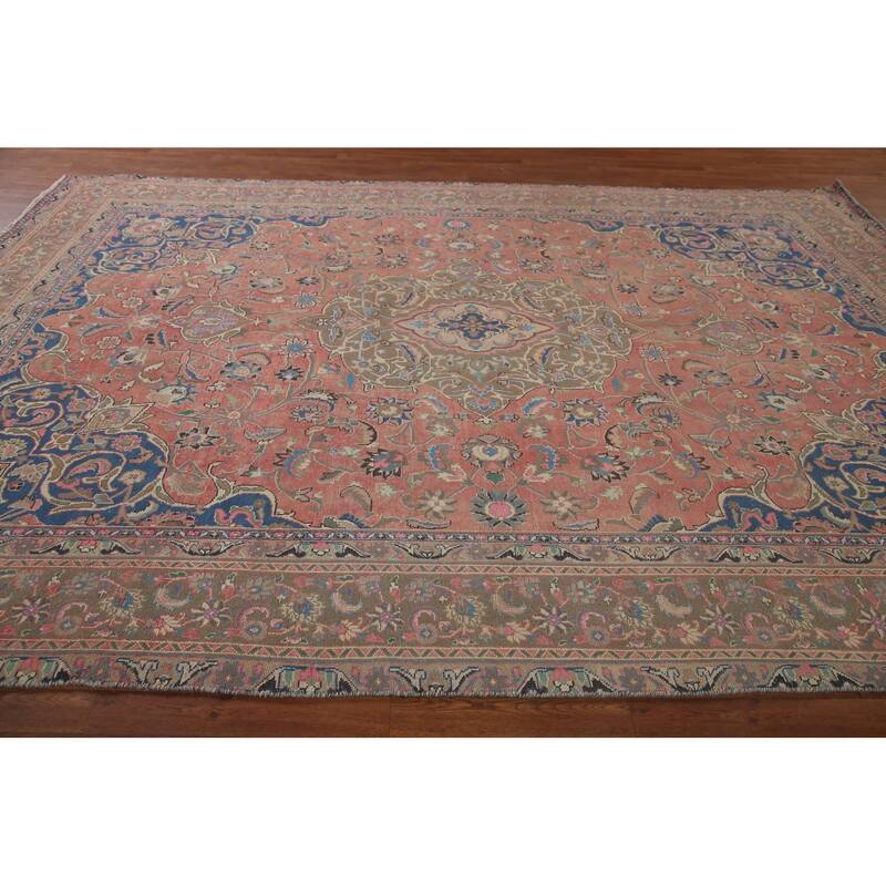 Traditional Mashad Persian Vintage Area Rug Hand-knotted Wool Carpet - 8'10" x 12'7"