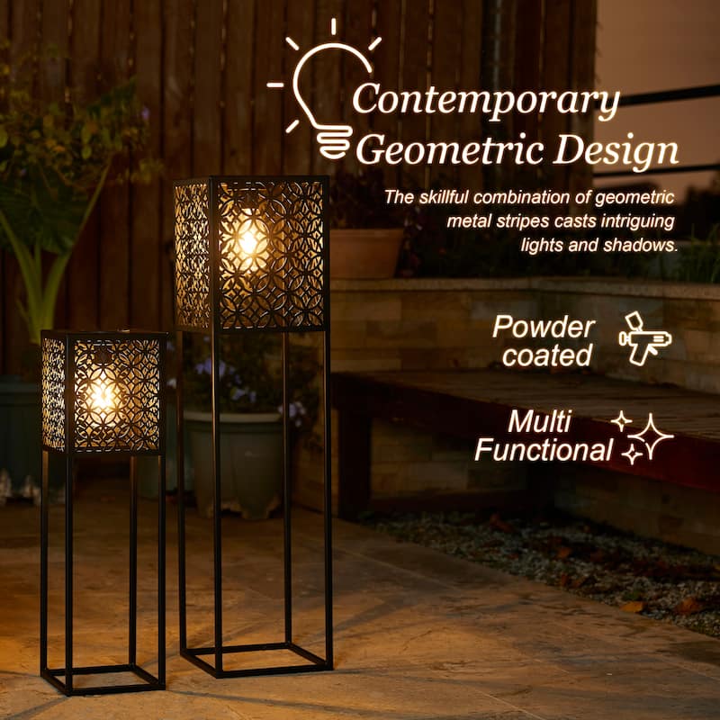 Glitzhome Set of 2 Black Metal Cutout Pattern Solar Powered Edison Bulb Outdoor Floor Lantern or planter stands