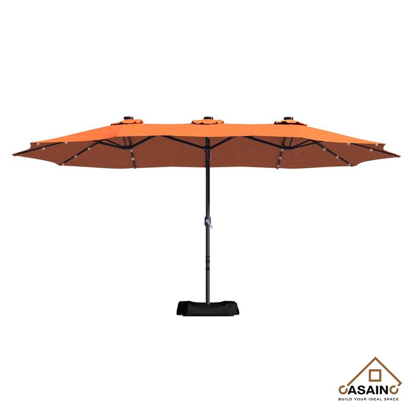 15-ft. Rectangular Crank Double-sided Outdoor Market Umbrella Solar LED Lighted Patio Umbrella with Base Included