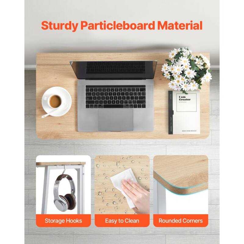 Wood Foldable Computer Desk with White Sturdy Steel Frame for Home Office and Study