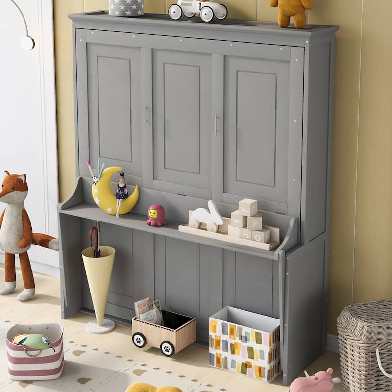 Queen Pine Murphy Bed with Shelf & Drawer - Gray