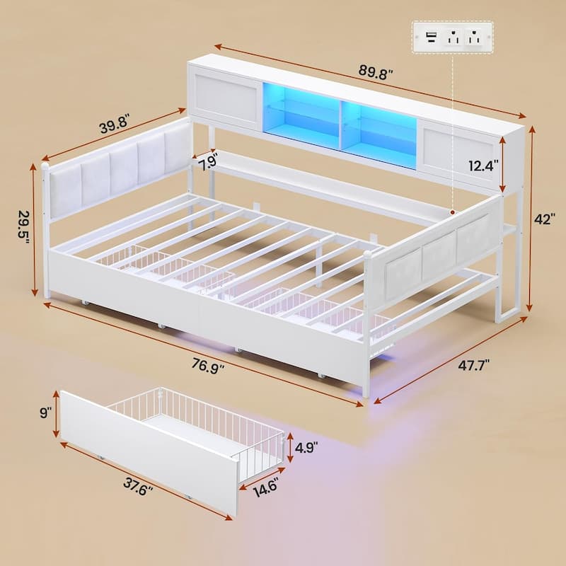Loft Bed L Shaped Desk Daybed Power Outlet LED Light Drawers Shelves