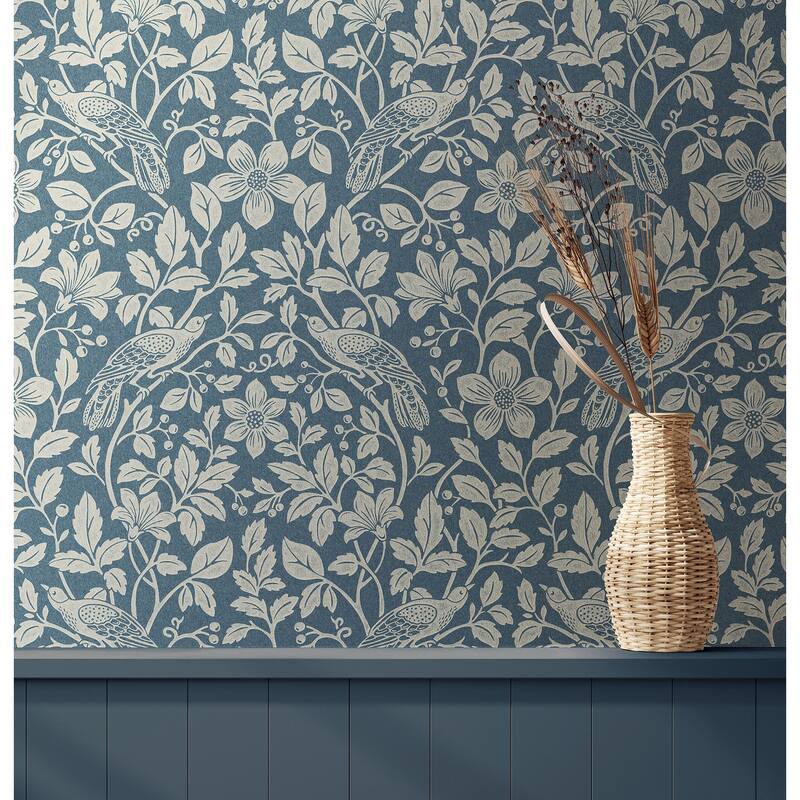 Marlow Dark Blue Bird Vine Wallpaper