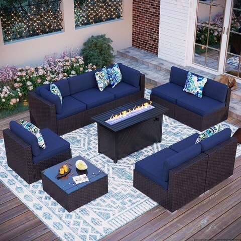 8-Seater Fire Pit Table Rattan Sectional Sofa Set