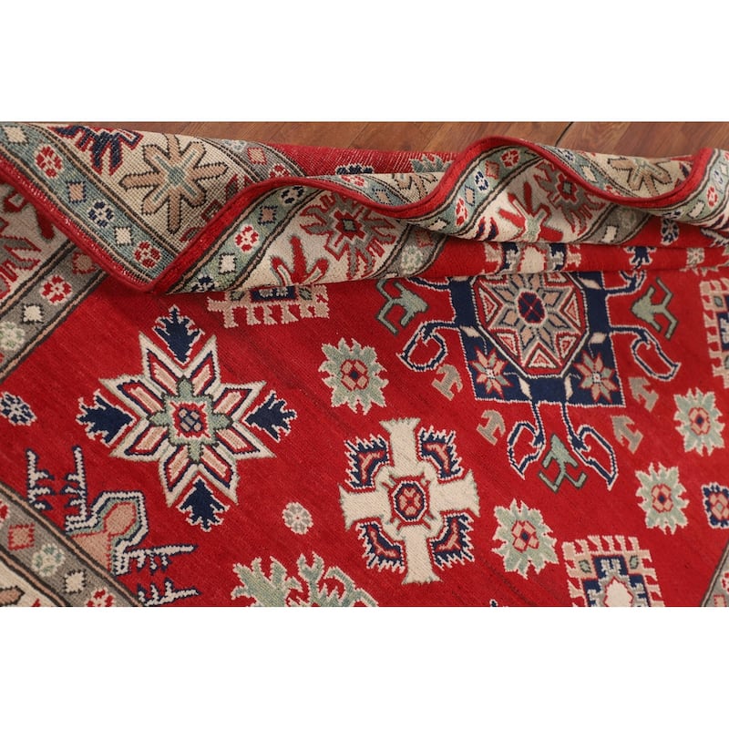 Red Geometric Kazak Area Rug Handmade Oriental Bedroom Wool Carpet - 4'10" x 6'5"