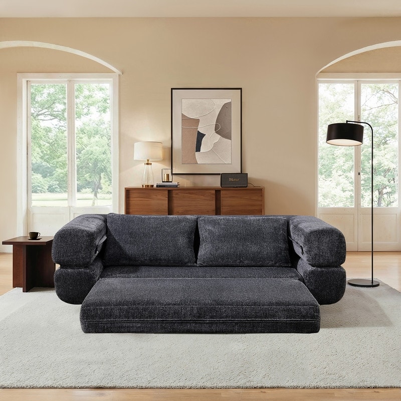 Modern Chenille Convertible Sofa Bed Queen Size Split Back Design