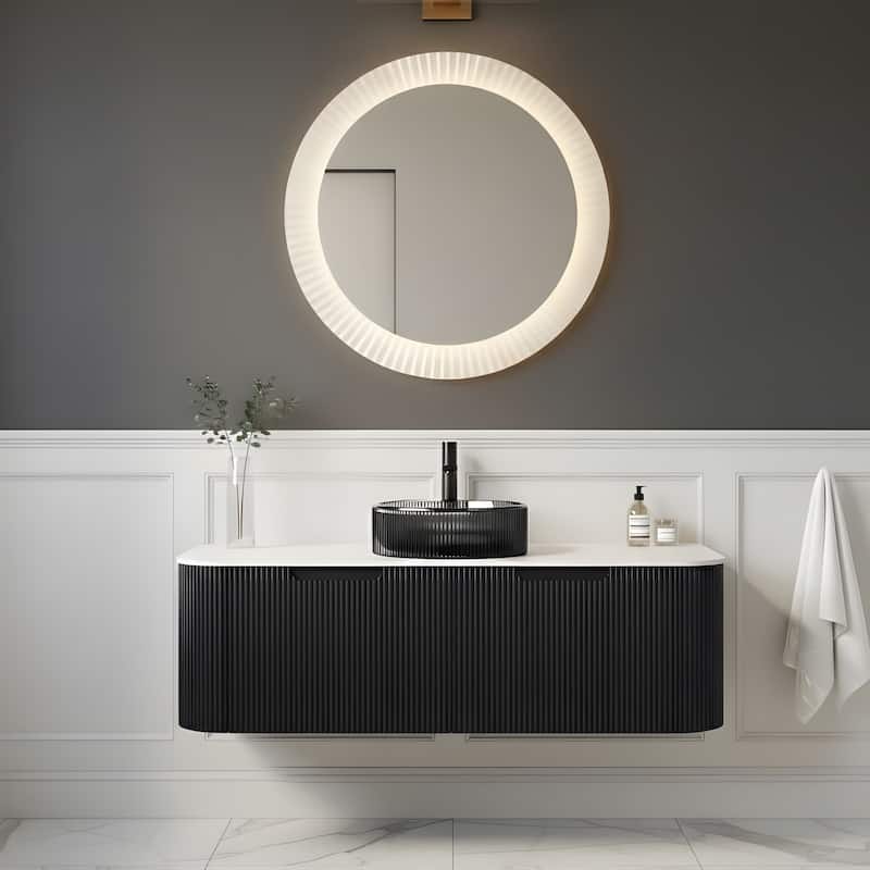 Wall Mounted Bathroom Vanity with Transparent Black Round Glass Basin