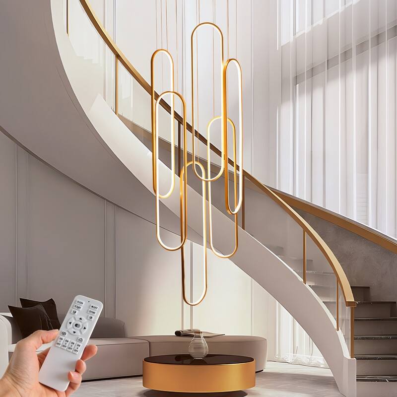 Modern Chandelier 6 Ring Adjustable Height Long Staircase LED Chandeliers Foyer Ceiling Light