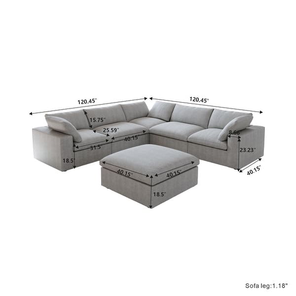 dimension image slide 0 of 3, Large Down Filled Corner Sectional Sofa Couch with Ottoman for Living Room Set Linen Cloud Sectional Couches