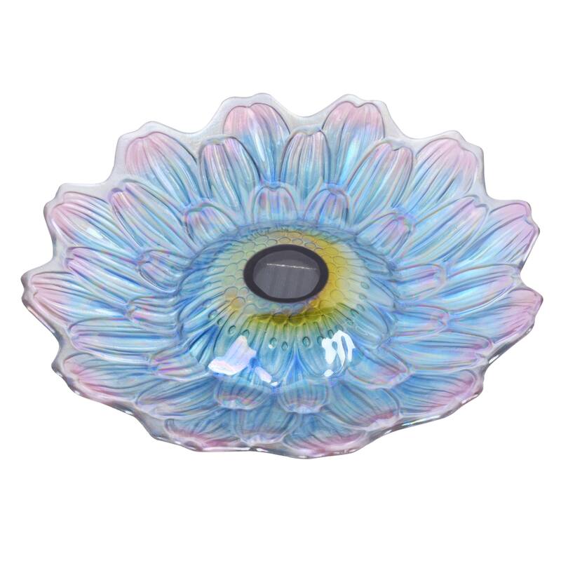 21" Blue Dahlia Outdoor Glass Solar Bird Bath with Stand