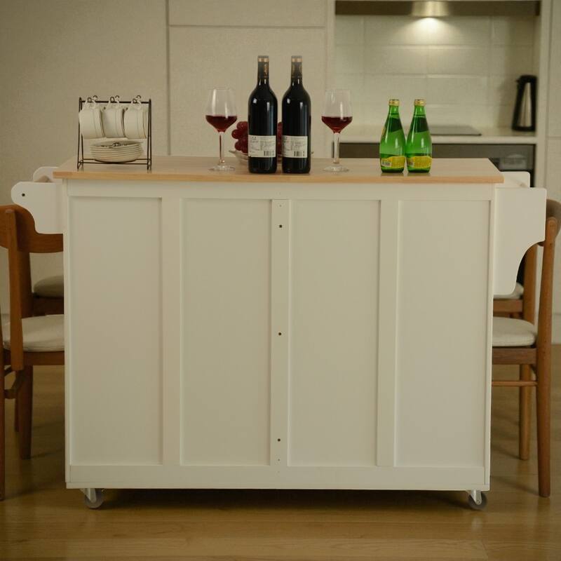 54" Mobile Kitchen Island Cart with Rubber Wood Top, 2 Drawers, Adjustable Shelves, Towel & Spice Racks on Wheels