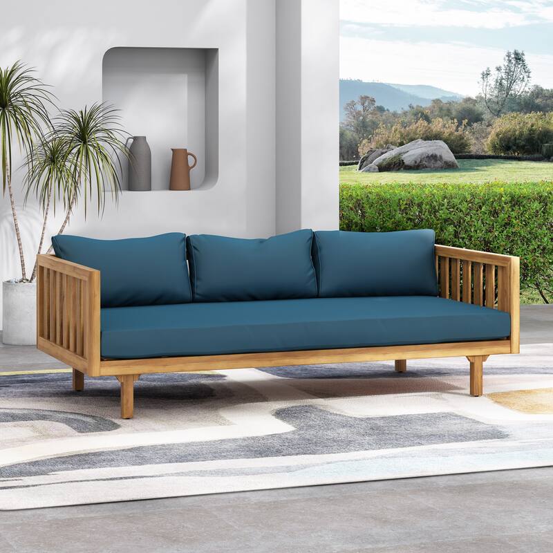 Acacia Wood 3 Seater Daybed Slat Panel Design Water Resistant Cushions