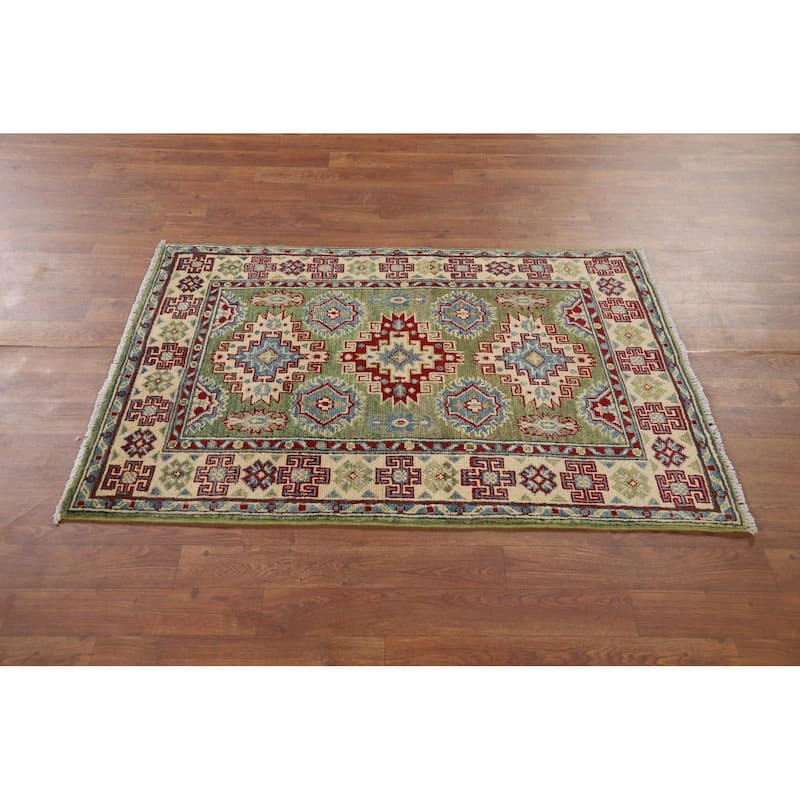 Green Kazak Accent Rug Handmade Oriental Wool Carpet - 2'8" x 3'11"