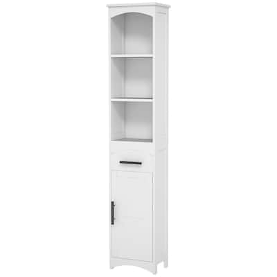 White Tall Cabinet with Drawer and Open Shelves Barn Door Style for Bathroom or Kitchen Use - 13.4" L x 9.4" W x 66.9" H