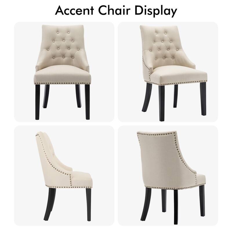Fabric Upholstered Dining Chairs Button Tufted Nailhead Trim Accent Chairs Set of 2 - Beige-2-Piece