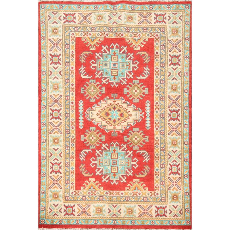 Kazak Rug Hand-Knotted Geometric Red Wool Carpet - 3'3"x 4'10"