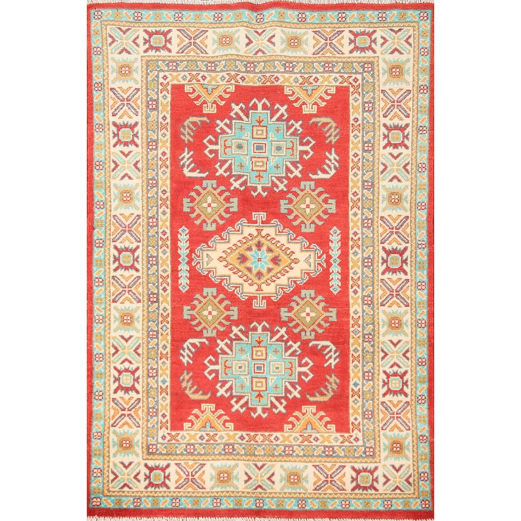 Kazak Rug Hand-Knotted Geometric Red Wool Carpet - 3'3"x 4'10"