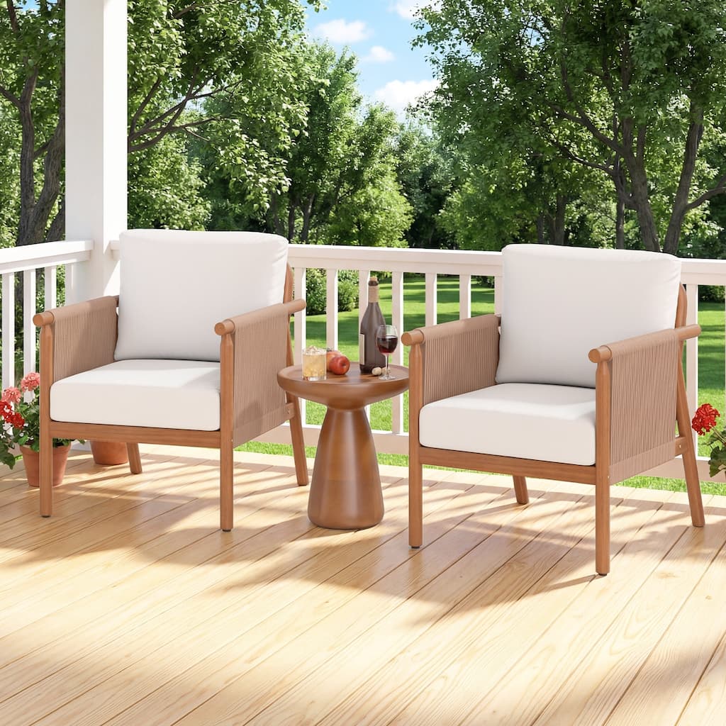 Gymax 2PCS Patio Acacia Wood Chair w/ Woven Rope Armrests & Seat Back
