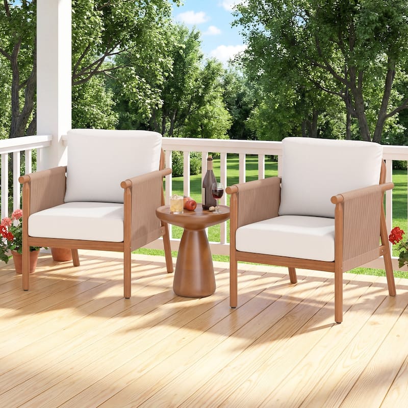 Gymax 4PCS Patio Acacia Wood Chair w/ Woven Rope Armrests & Seat Back