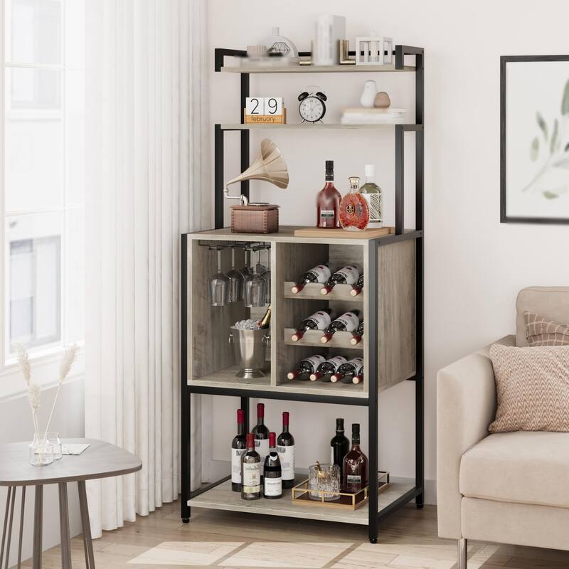 Bakers Rack for Kitchen, Kitchen Microwave Stand with Wine Rack and Glass Holder
