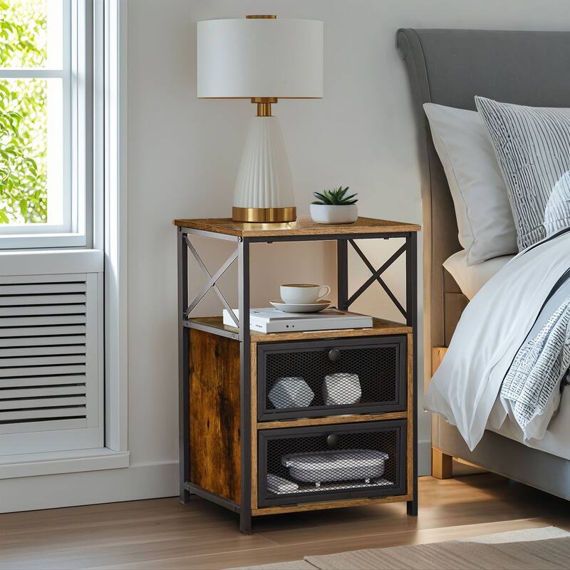VECELO Modern End Table with 3-tier Storage Shelves, Nightstands with Charging Station(Nightstand Set of 2)