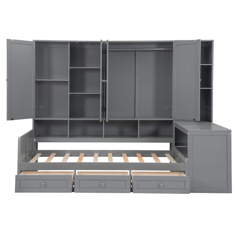 Full or Twin Size Wooden Daybed - 3 Drawers + All-in-One Cabinet, Desk & Shelves, Multi-Functional Furniture Piece