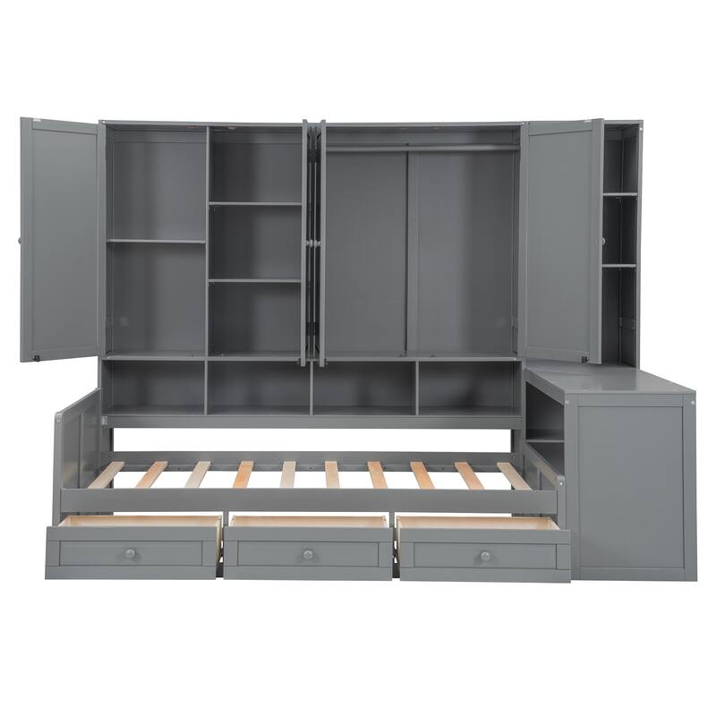 Modern Twin Daybed with All-in-One Cabinet, Desk Wooden Daybed Sofa Bed Frame with 3 Drawers, Multi-Functional Headboard