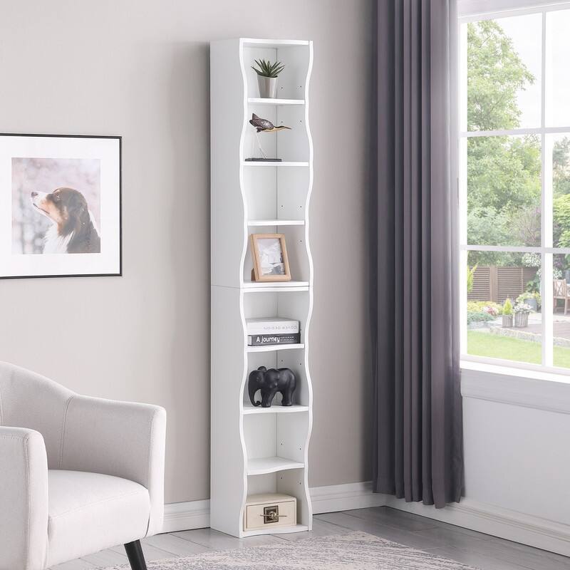 Wavy Border 8-Tier Adjustle Shelf - Modular Ultra-Thin Bookcase for Home Office & Display - White