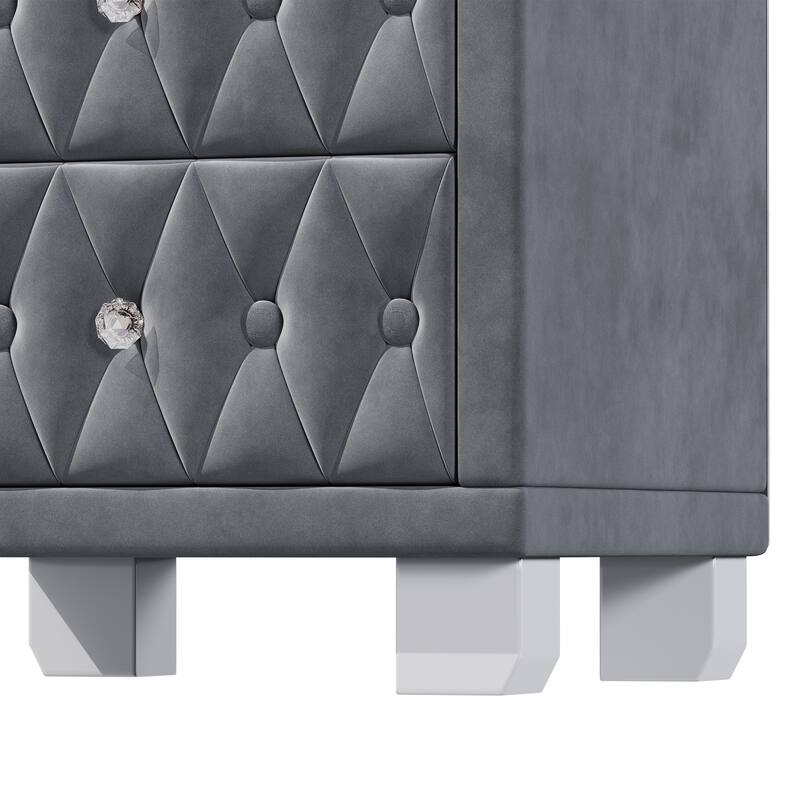 Elegant Velvet Nightstand with 2 Drawers and Crystal Handle,Storage Bedside Table with Button-Tufted,Grey