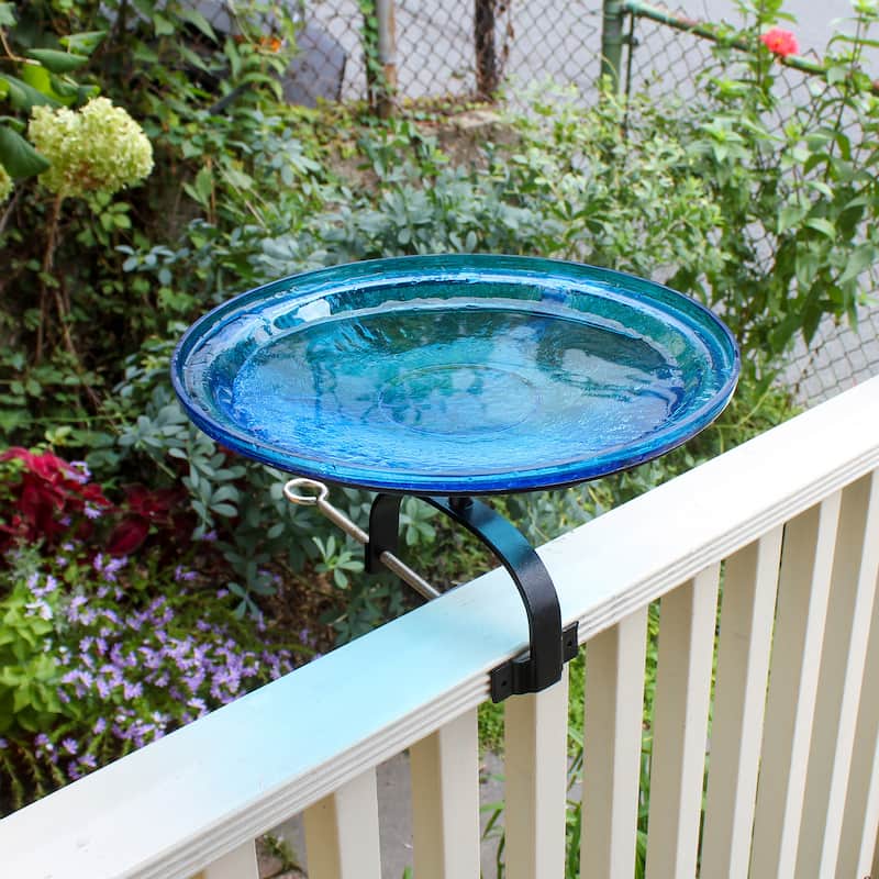 Achla Designs 14"Dia. Round Crackle Glass Birdbath w/Black Wrought Iron Over Rail Bracket