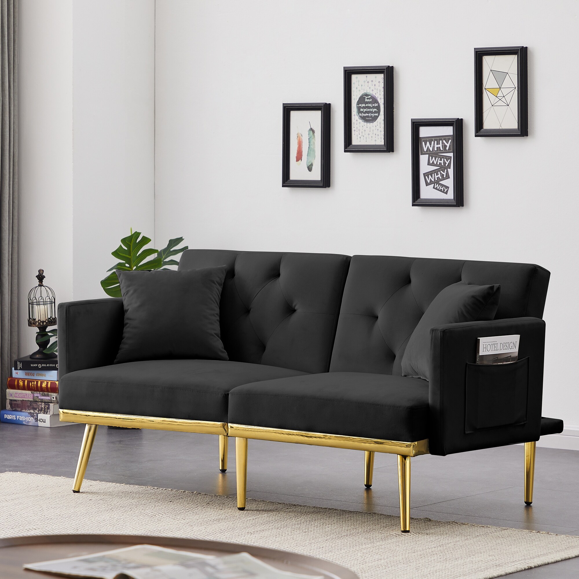 Convertible Folding Futon Sofa Bed with Two Pillows Velvet