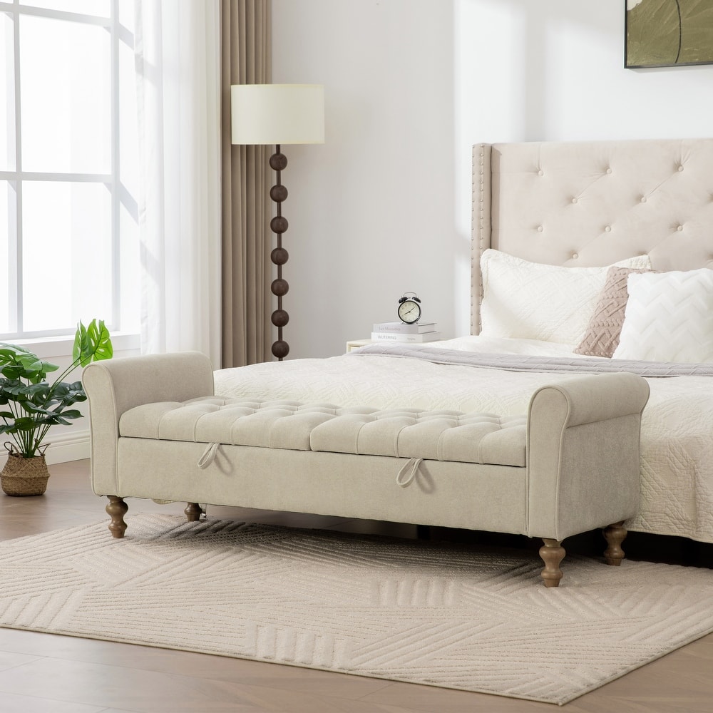 65.7"W Tufted Upholstered Storage Bench With Double Lids,Rubberwood Legs