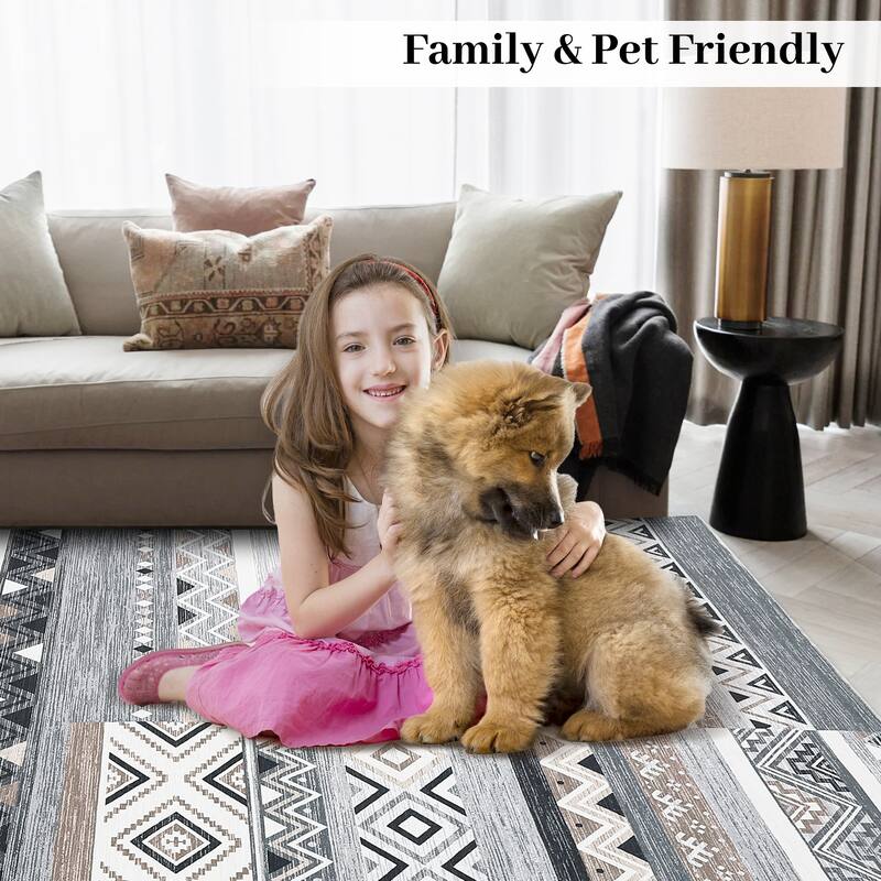 Area Rug Washable Living Room Rugs Vintage Geometric Area Rug Soft Low Pile Non-Slip Area Rug