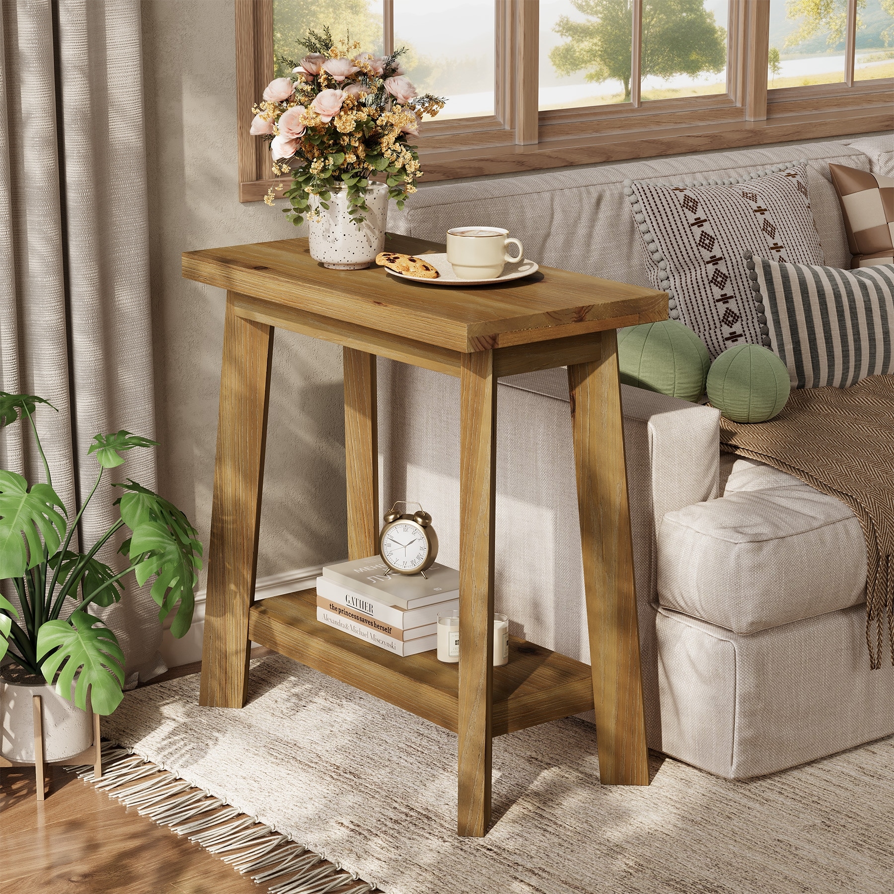 Solid Wood 2‑Tier Storage Shelf & Side Table