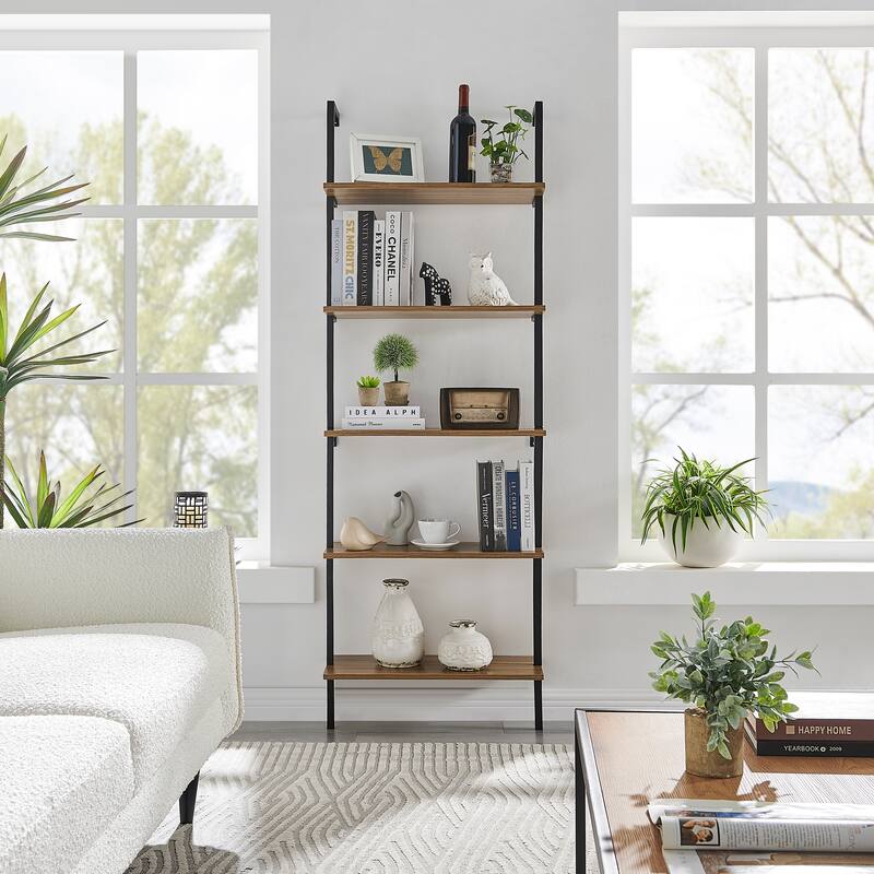 Danya B. Everett 5-Tier Open Display Stand Wall Mount Modern Metal Frame Ladder Shelf - Black/Light Walnut