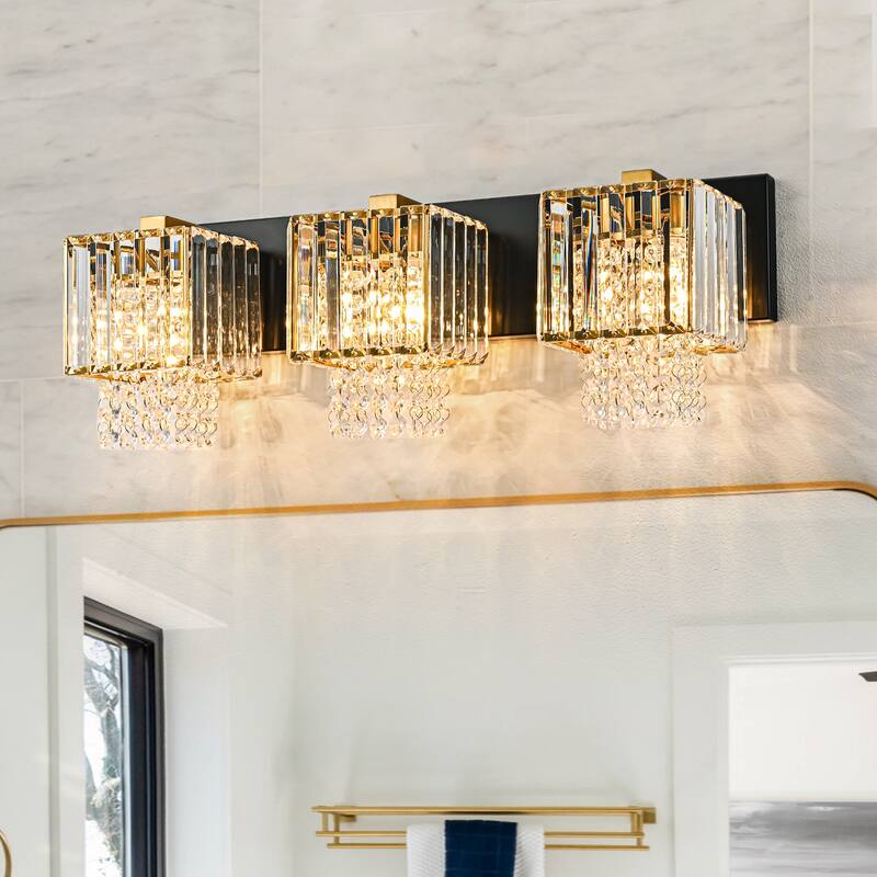 Modern Dimmable Glam Crystal Bathroom Vanity Lights Linear Black Gold Wall Light - Black & Gold - 3-Lights