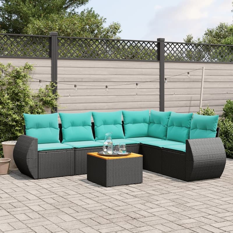 vidaXL 7 Piece Patio Sofa Set with Cushions Black Poly Rattan - 24.4 x 24.4 x 27.2 - Black-Table + corner + 3x middle