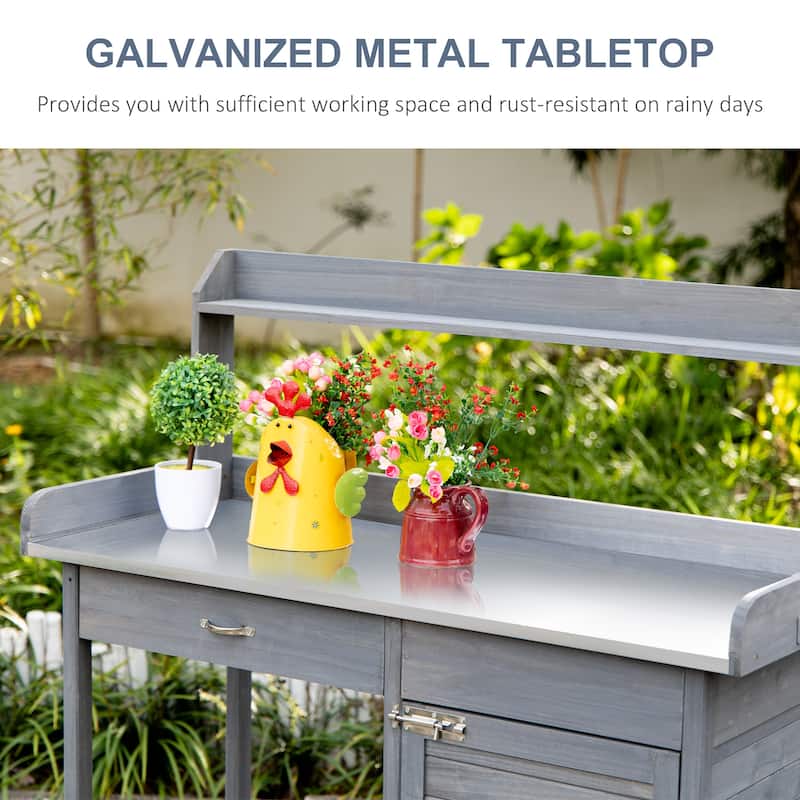 Garden Potting Bench Table, Wood Work Station with Storage Cabinet, Patio Workstation with Open Shelf and Steel Tabletop